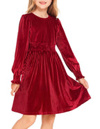 Arshiner Girls Long Sleeve Dress Velvet Crew Neck Midi Fall Vintage Plain Dress for Kids 4-13Y