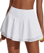 PINSPARK Womens Pleated Tennis Skirt Double Ruffle Golf Skort Tummy Control Athletic Skirts with 3 Pockets Workout Pickleball