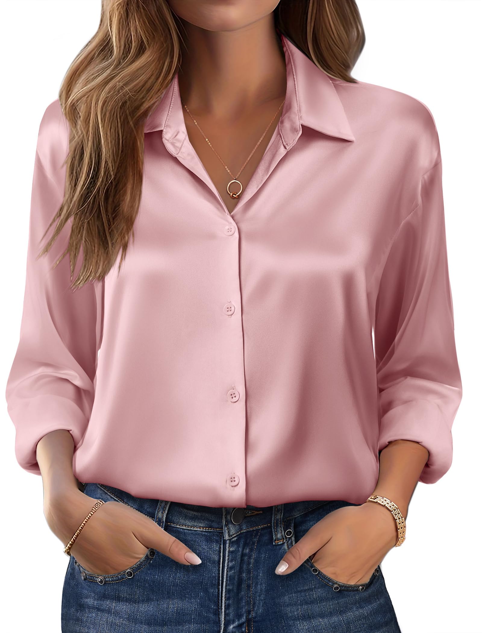 Zeagoo Womens Tops Long Sleeve Satin Silk Button Down Shirts Casual Business Dressy Blouses Fall Clothes