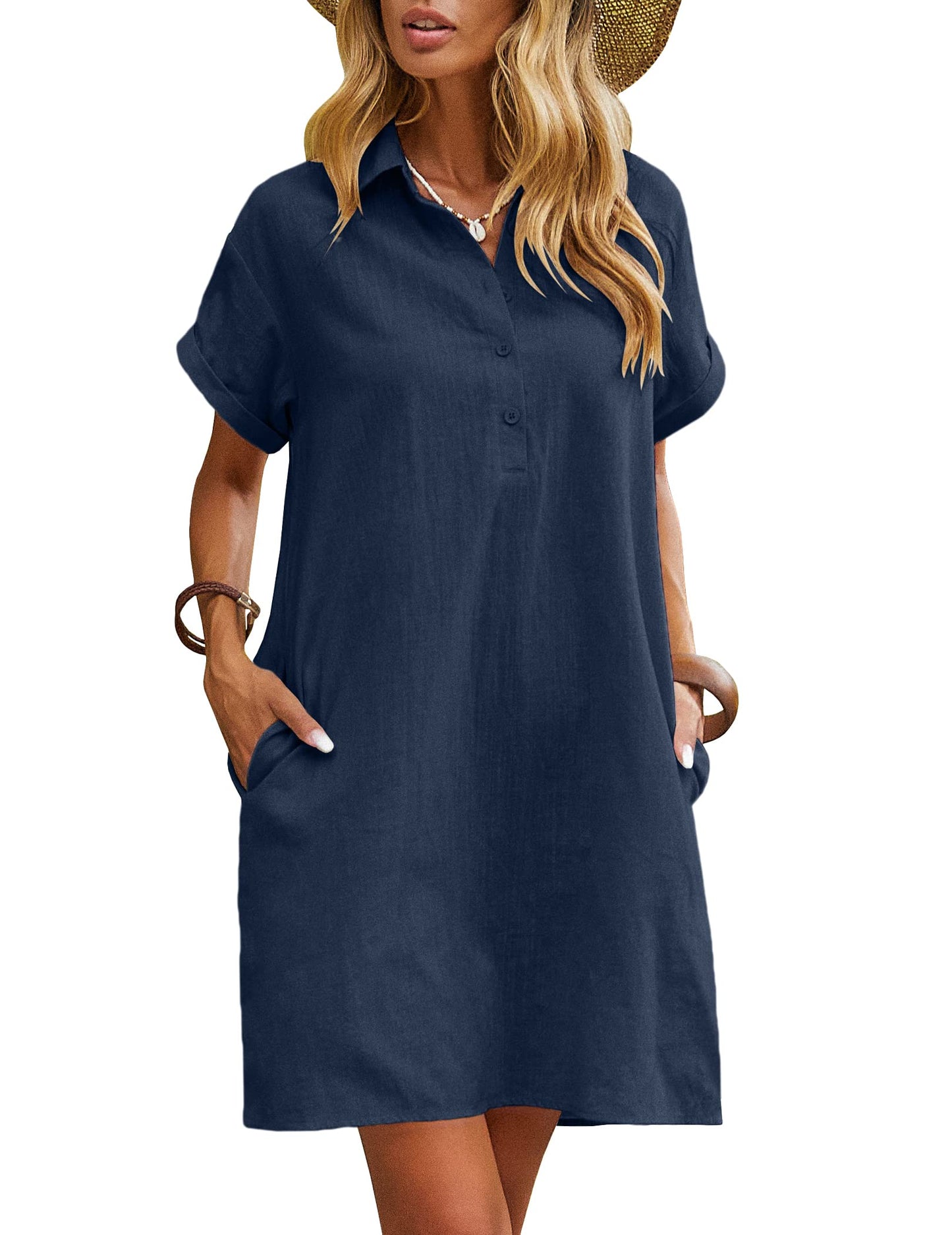 Zeagoo Womens Cotton Shirt Dress Summer Casual Short Sleeve Button Down Beach Cover Up Shirts with Pockets