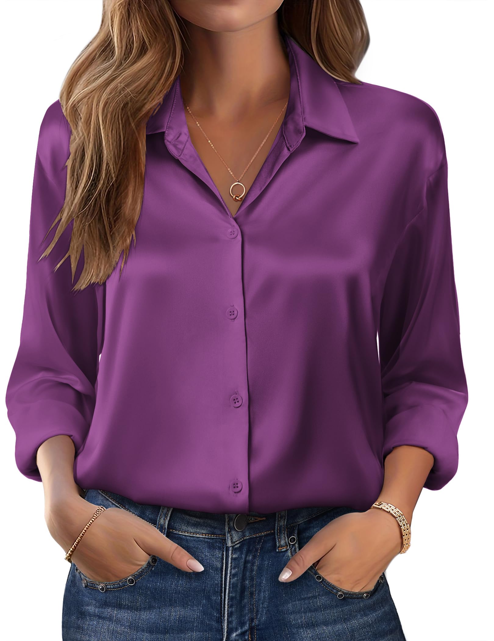 Zeagoo Womens Tops Long Sleeve Satin Silk Button Down Shirts Casual Business Dressy Blouses Fall Clothes