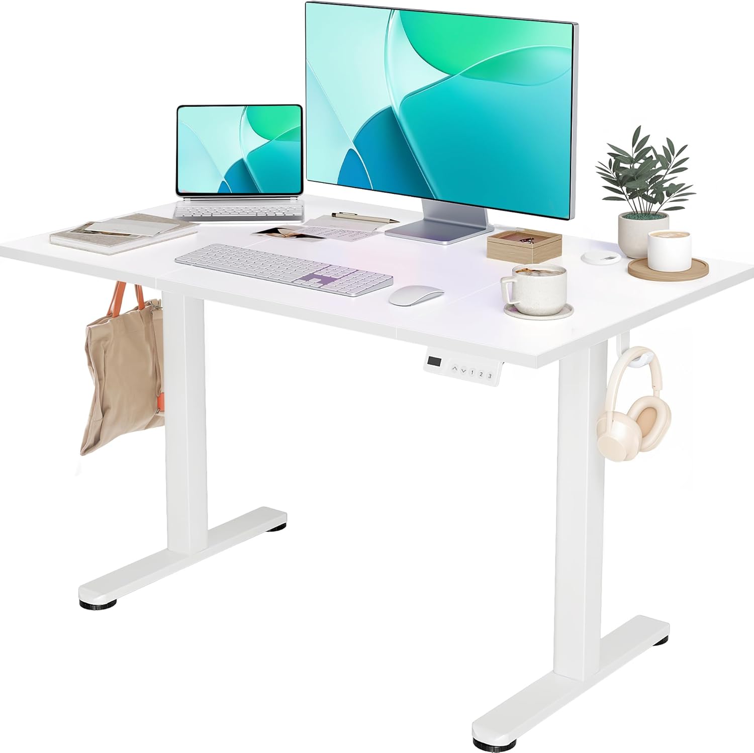 Smart Lift Table - Electric Standing Desk Adjustable Height, 48 x 24 Inches Stand up Desk with Cable Management, Home Office Desks with Splice Board & Black Frame(White)