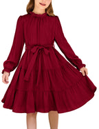 Arshiner Girls Long Sleeve Dress Tween Fall Formal Party Holiday Midi Tiered Flowy Swing Dresses with Belt 5-13 Y