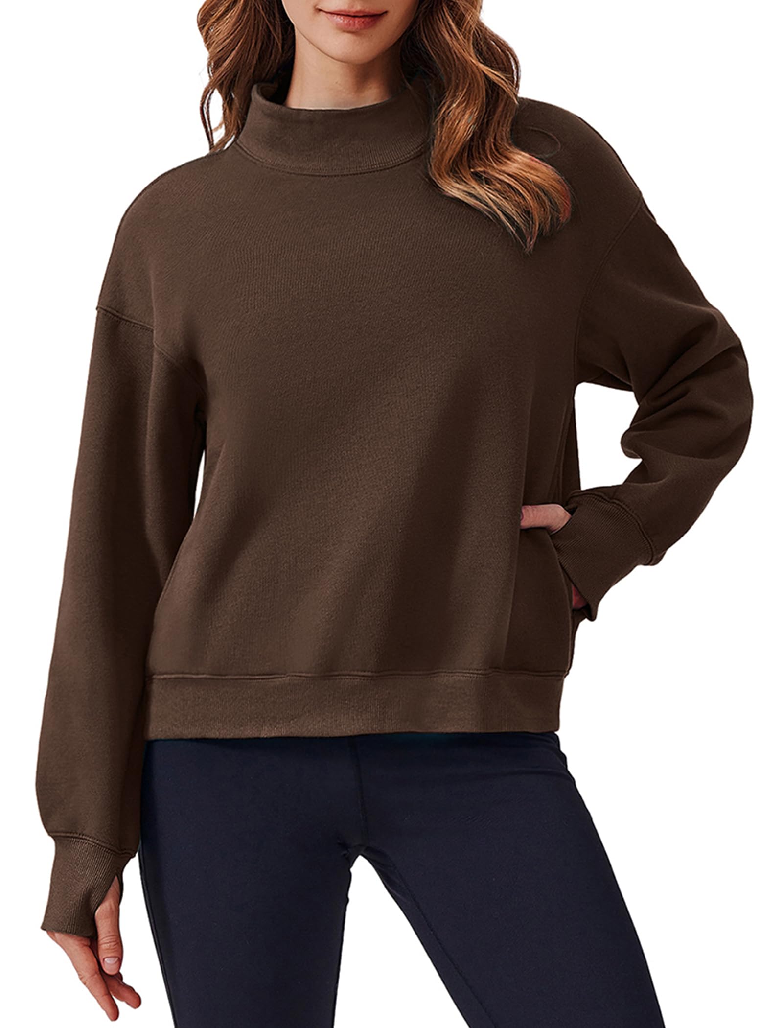 PINSPARK Sweatshirt for Women 2024 Fall Outfits Long Sleeve Fleece Top Turtleneck Sweater Shirts with Side Pockets Thumb Hole