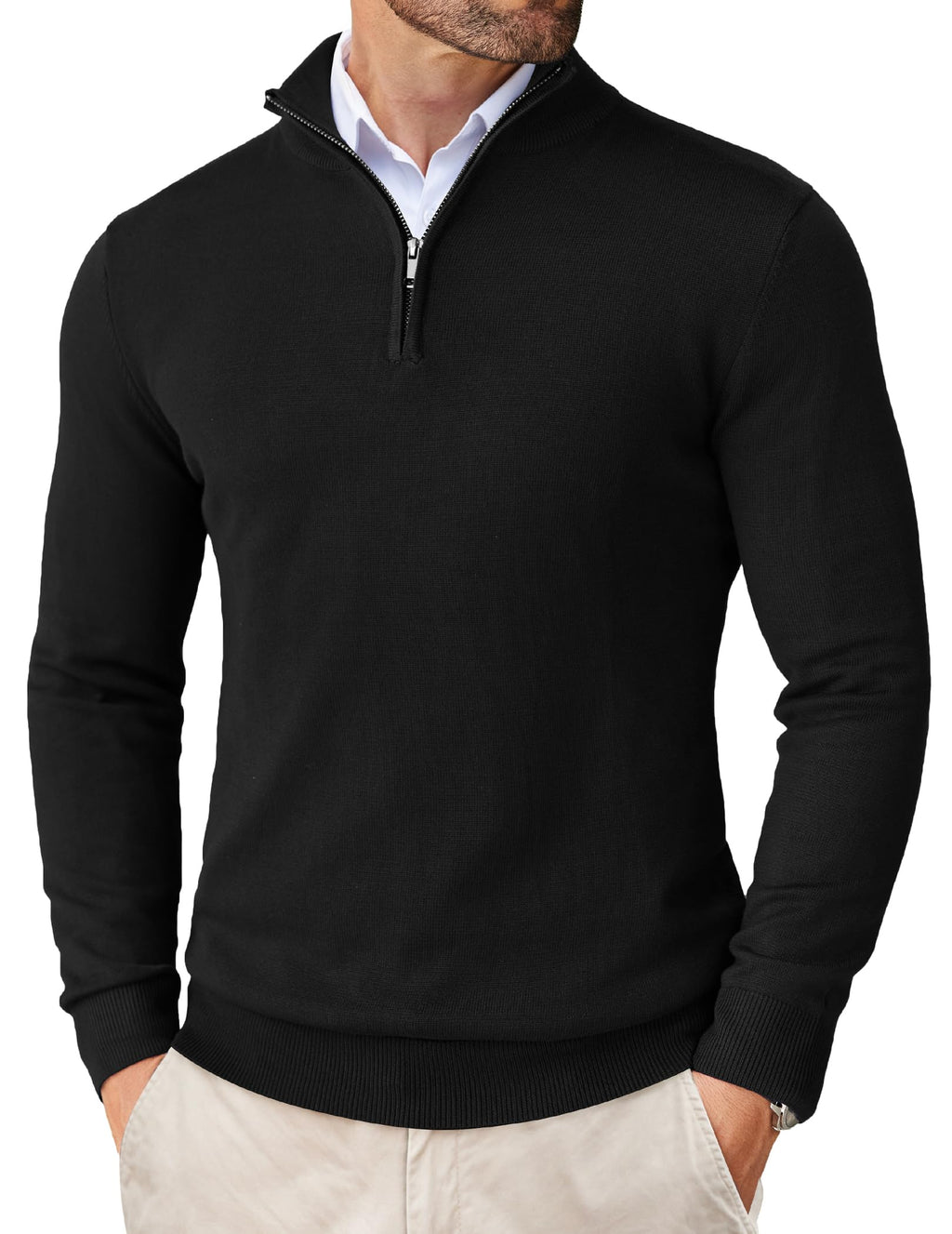 COOFANDY Men's Quarter Zip Up Sweaters Slim Fit Lightweight Mock Neck Pullover Casual Polo Sweater (Black, XXX-Large)