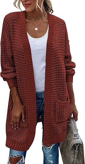 Zeagoo Women's Waffle Knit Batwing Long Sleeve Cardigan Loose Open Front Sweater Coat Blue
