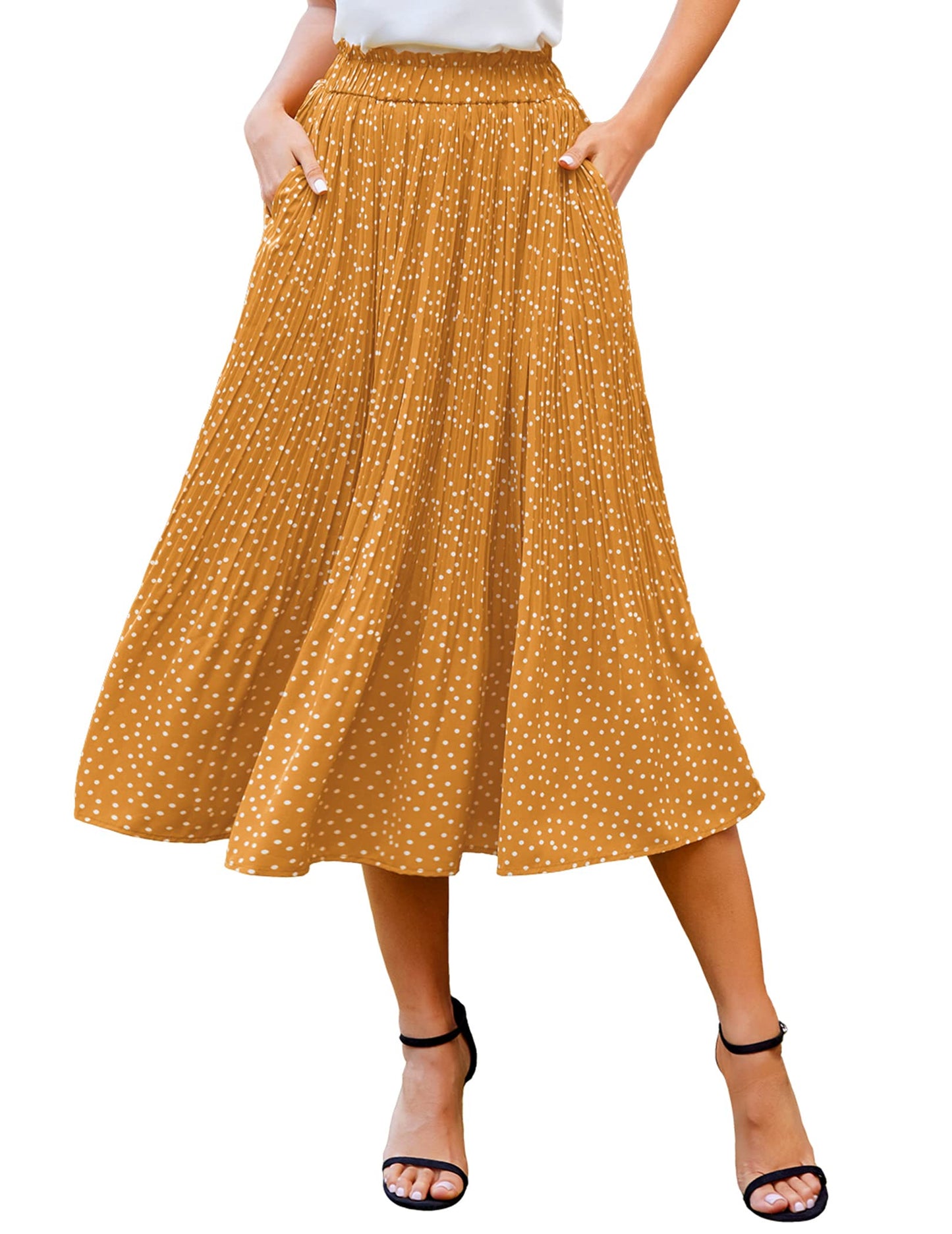 Zeagoo Women's Midi Skirts High Waisted Pleated A-Line Swing Skirts Summer Floral Long Skirts with Pockets