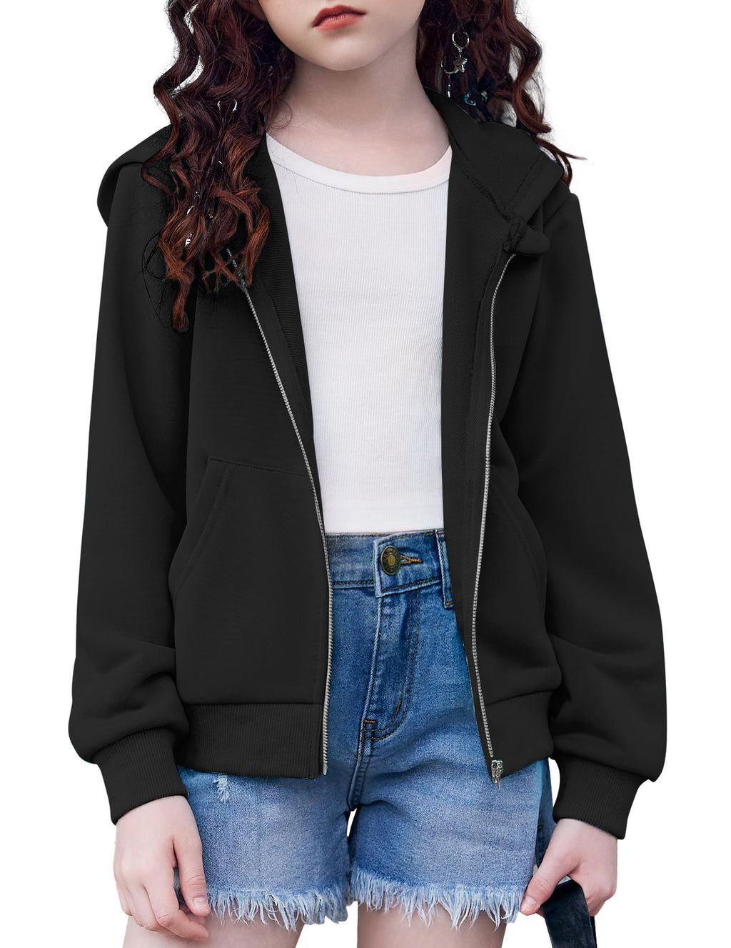 Arshiner Girls Zip Up Cropped Hoodies Teen Casual Long Sleeve Full-Zip Sweatshirts Jackets with Pockets