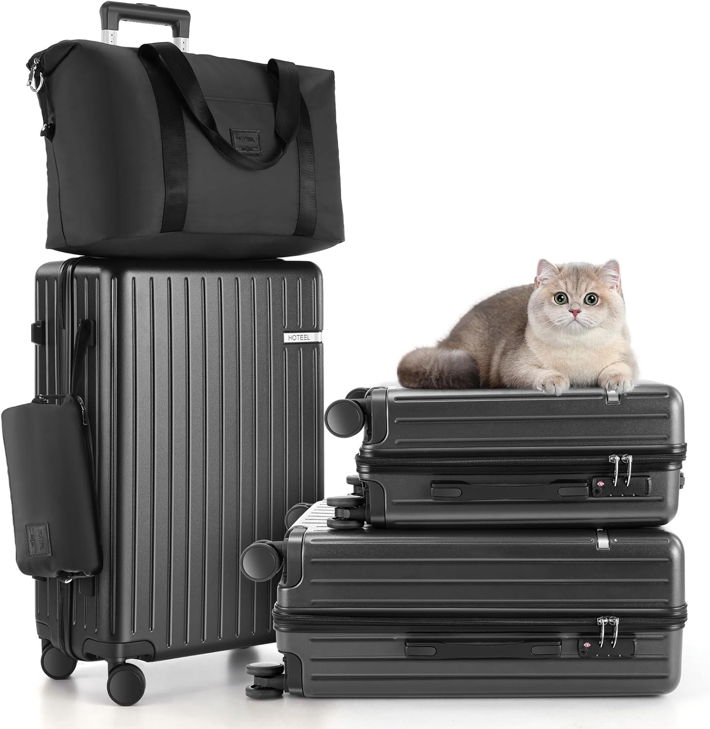 Luggages & Suitcases - Luggage Sets 5 Piece (4-YEARS WARRANTY), ABS+PC Suitcases with Wheels and Side Hook, Hardshell 20/24/28 inch Luggage with Duffel Bag Travel Bag, Black