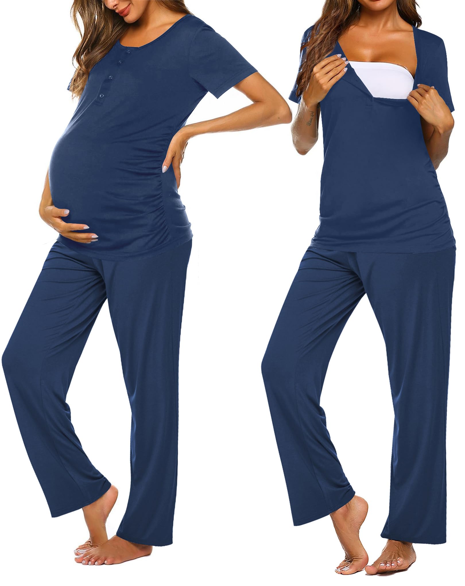 Ekouaer Women's Maternity Nursing Pajamas Sets Breastfeeding Printed Sleepwear Short Sleeve 2 Pcs Henley Top and Pants Set