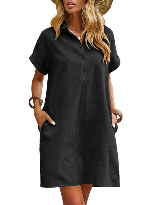 Zeagoo Womens Cotton Shirt Dress Summer Casual Short Sleeve Button Down Beach Cover Up Shirts with Pockets