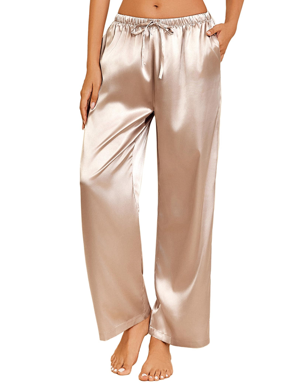 Ekouaer Womens Silk Satin Pajama Pants Casual Loose Lounge Pants Drawstring Elastic Waist Wide Leg Pj Bottoms with Pockets