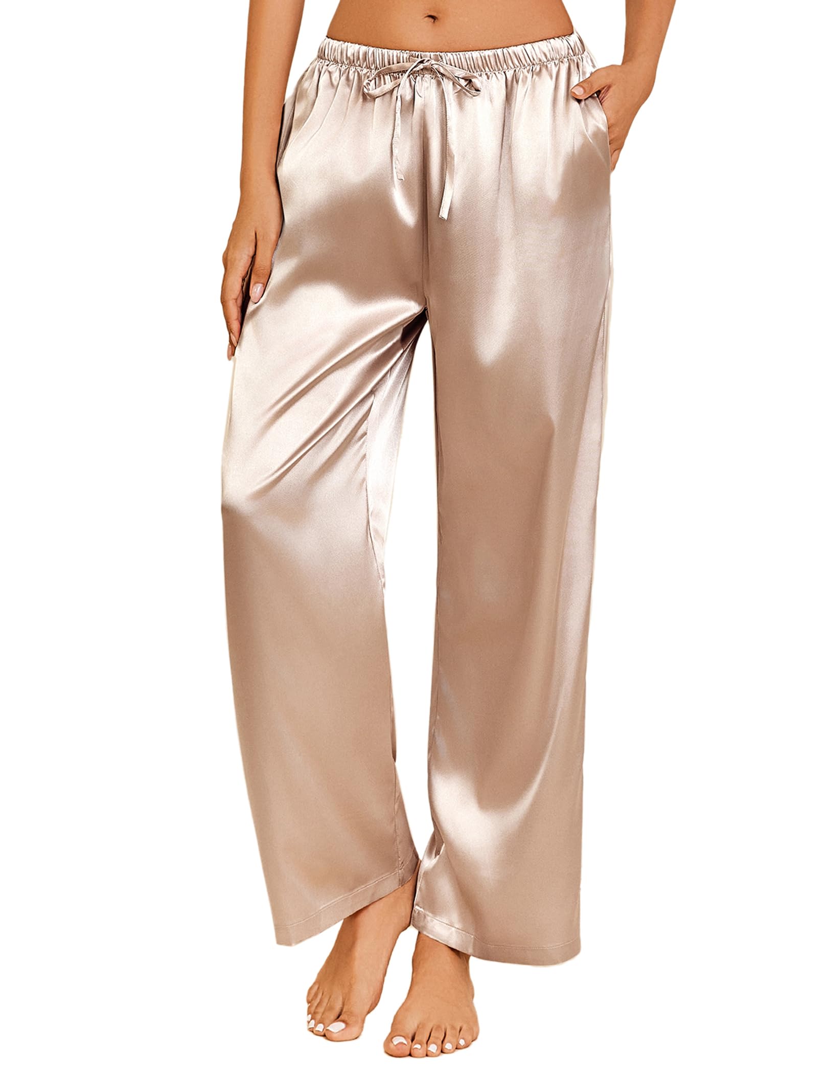Ekouaer Womens Silk Satin Pajama Pants Casual Loose Lounge Pants Drawstring Elastic Waist Wide Leg Pj Bottoms with Pockets