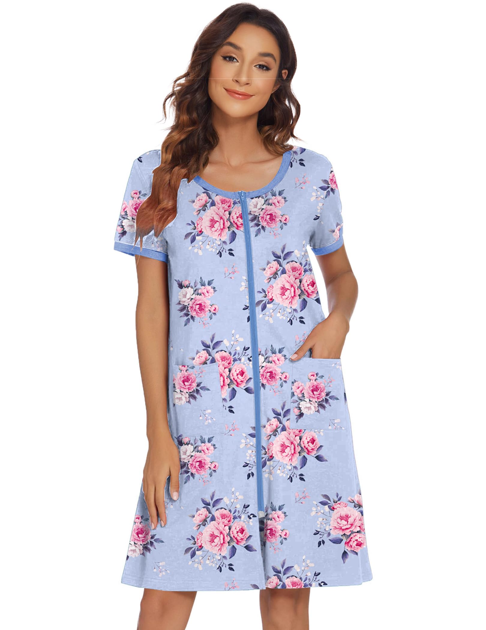 Ekouaer Zip Up Robes for Women Short Sleeves Zipper House Coat Short Bathrobes Lightweight Nightgown with Pockets S-3XL