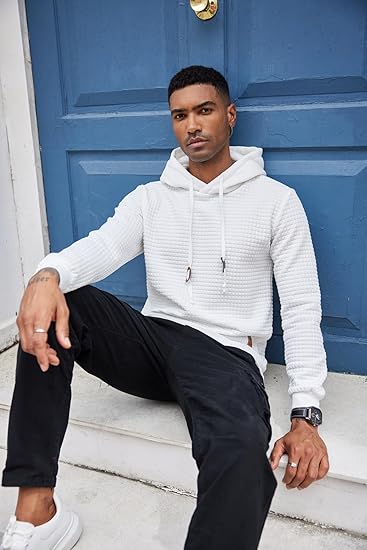 COOFANDY Men's Casual Hoodies Sweatshirt Hipster Gym Long Sleeve Drawstring Plaid Jacquard Pullover Hooded Dark Gray