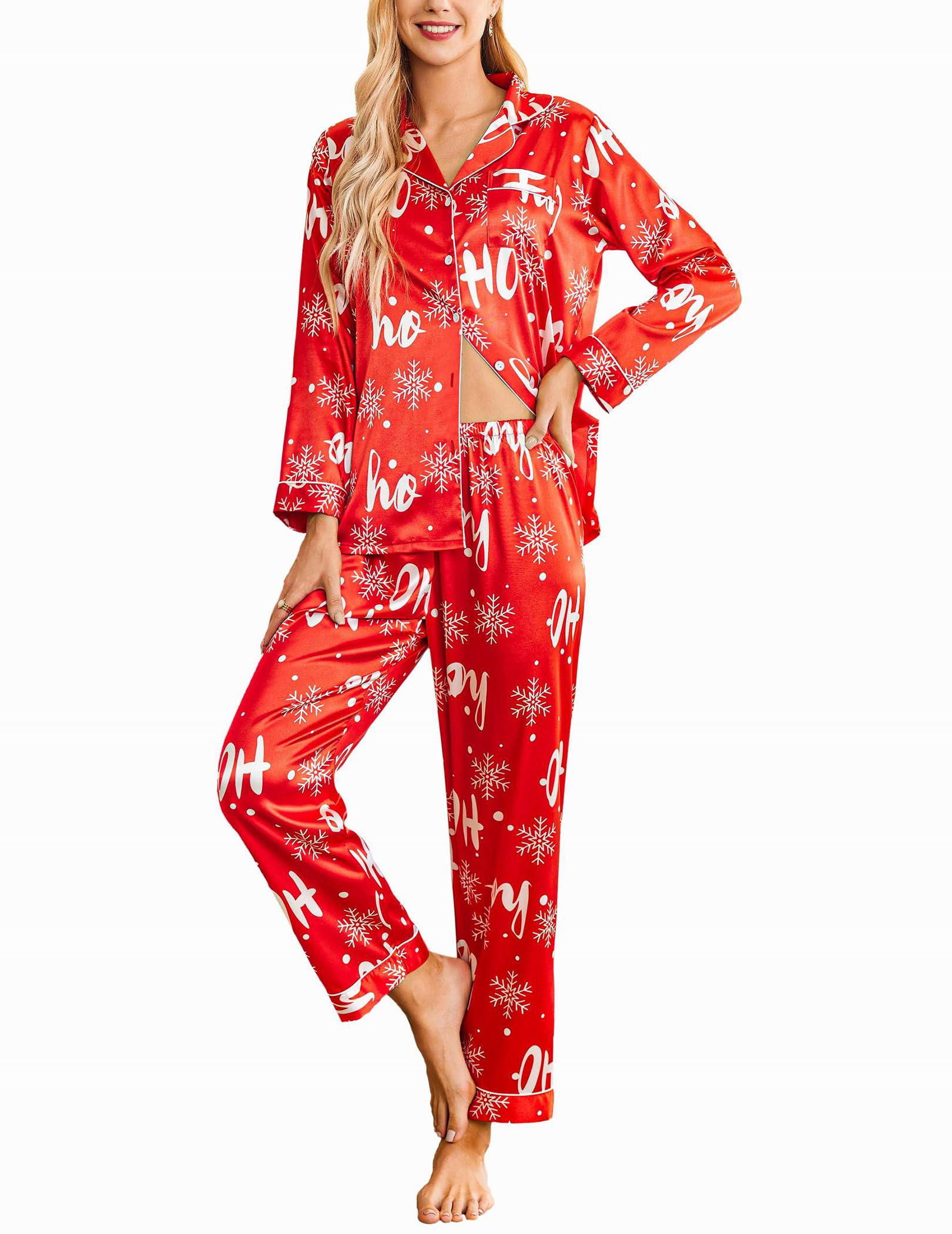 Ekouaer Women's Classic Button Down Long Satin Silk Pajama Set