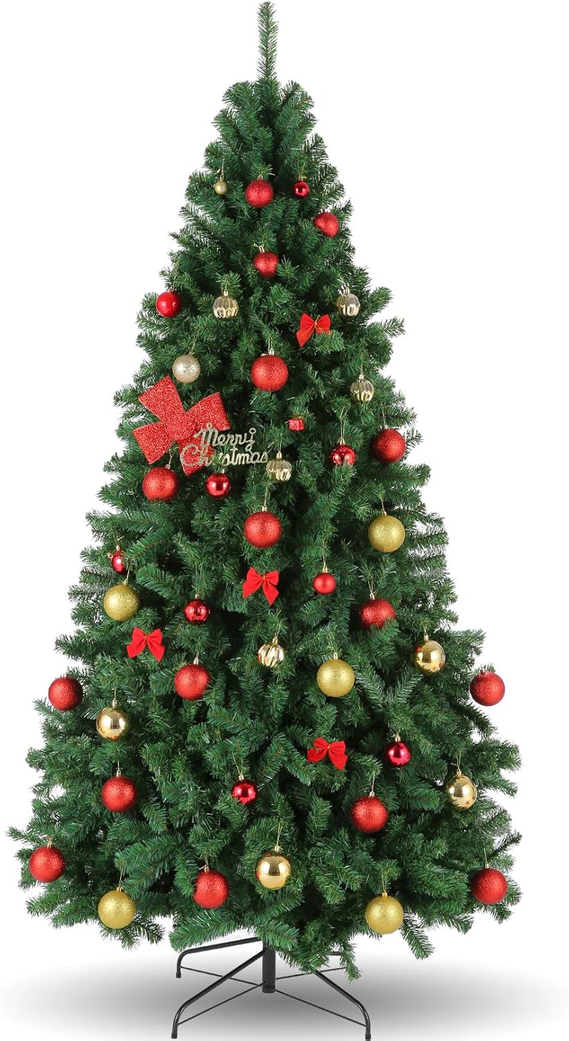 Christmas Tree - 6ft Christmas Tree, Premium Spruce Hinged Artificial Holiday with 700 PVC Branch Tips and Metal Stand for Home, Office, and Xmas Party Decoration