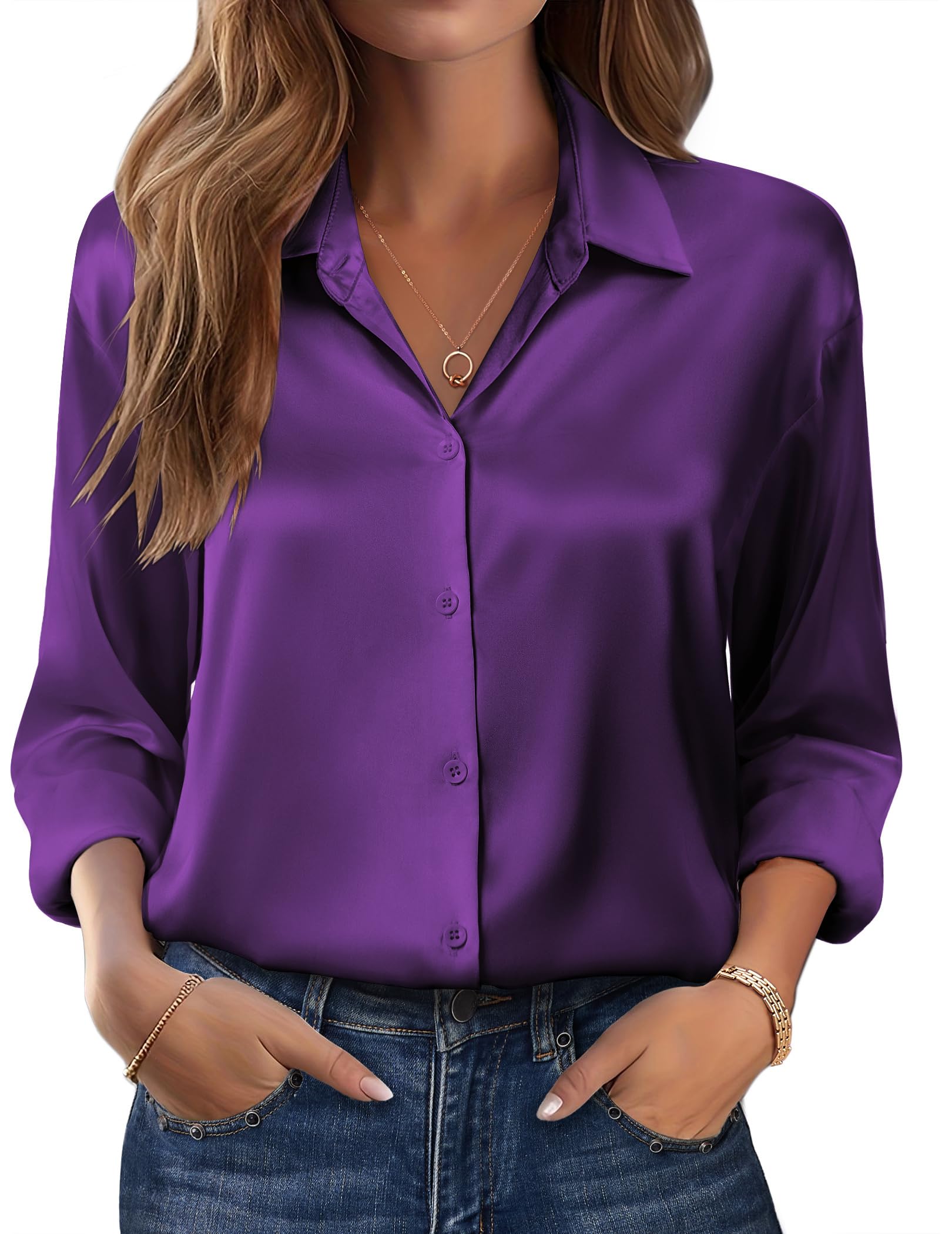Zeagoo Womens Tops Long Sleeve Satin Silk Button Down Shirts Casual Business Dressy Blouses Fall Clothes