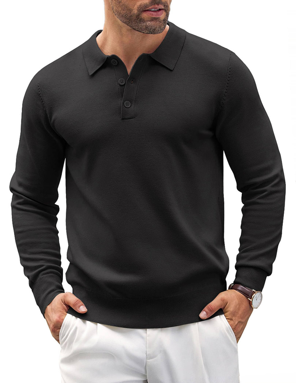 COOFANDY Men's Knit Polo Shirt Long Sleeve Vintage Golf Shirt Lightweight Sweater Black
