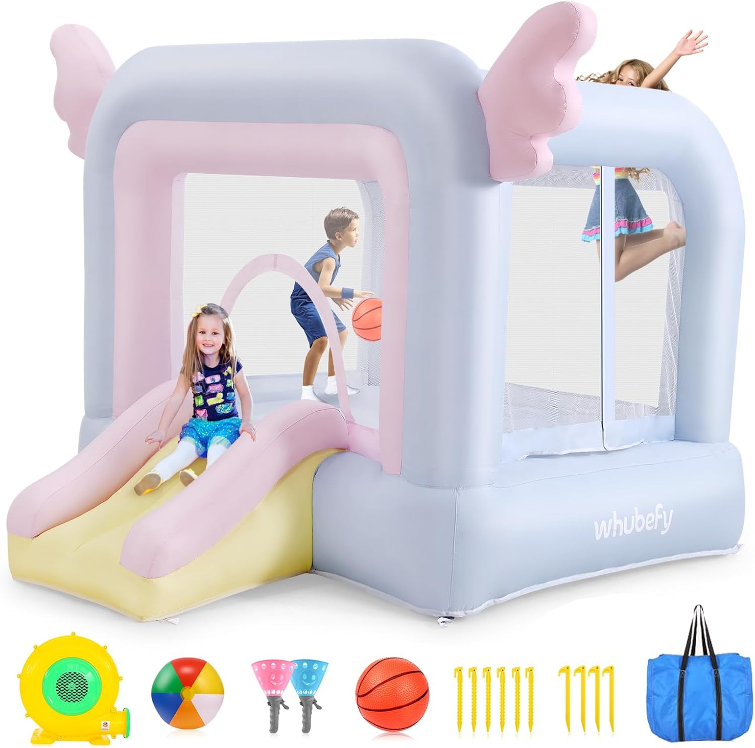 Inflatable Castle - Inflatable Celebration White Bounce House for Kids with UL Blower-Portable,Dreamy White 3in1 Bouncy Castle for Indoor Outdoor Backyard Wedding Kids Birthday Party (Blue Fortress)