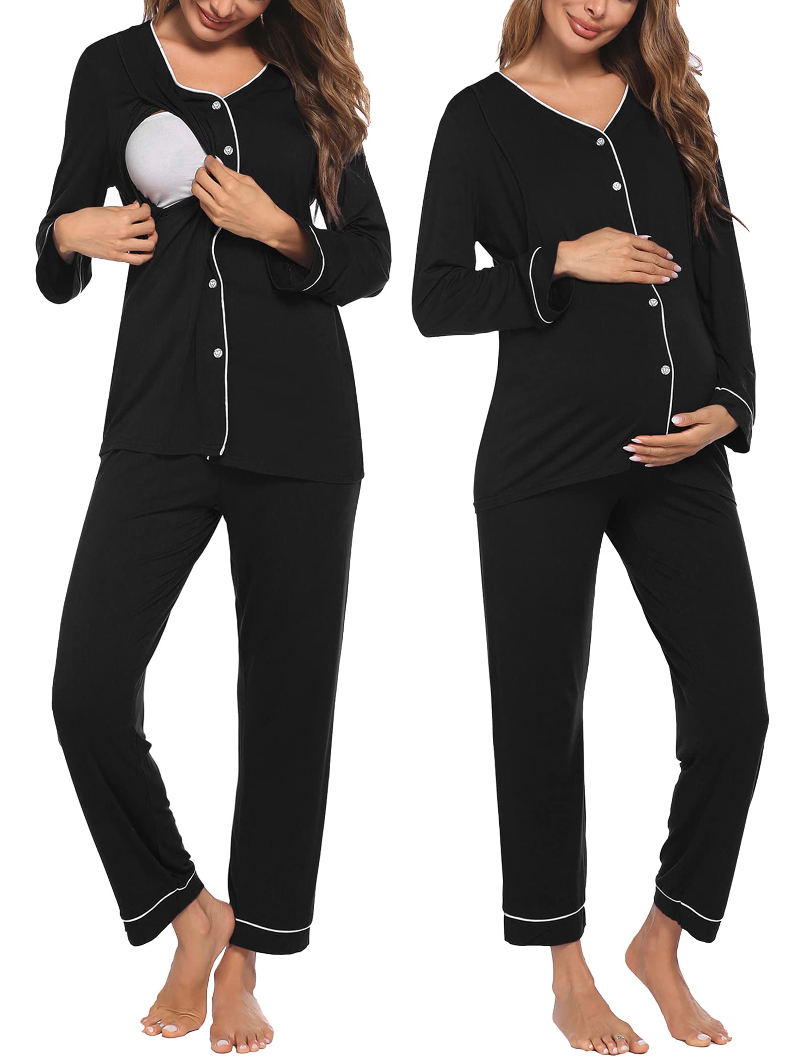 Ekouaer Maternity Pajama Set Button Down Nursing Pajamas Long Sleeve Breastfeeding Loungewear with Adjustable Pants