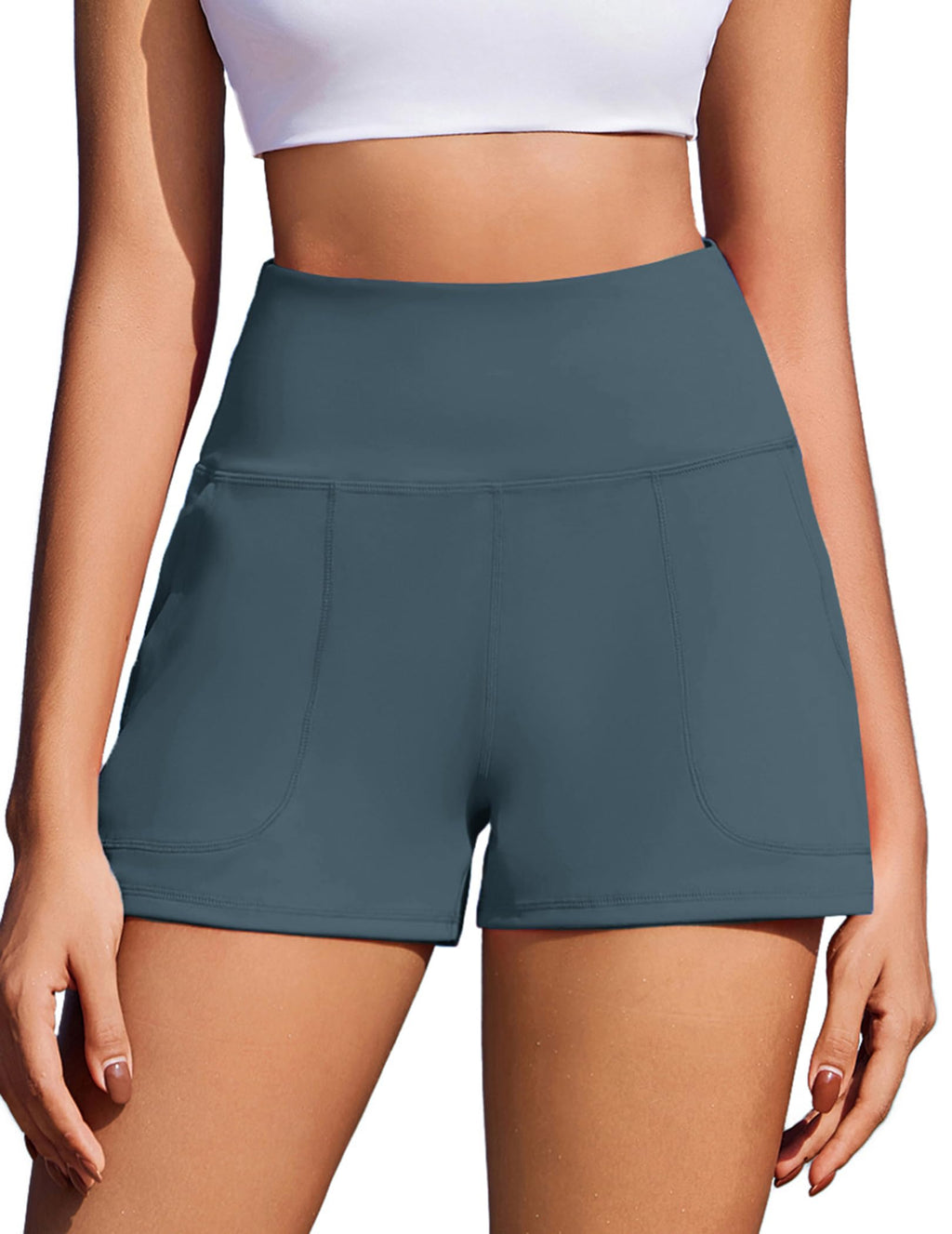 PINSPARK Workout Shorts Women Wide Leg Athletic Shorts High Waisted Yoga Shorts Tummy Control Gym Short with Pockets