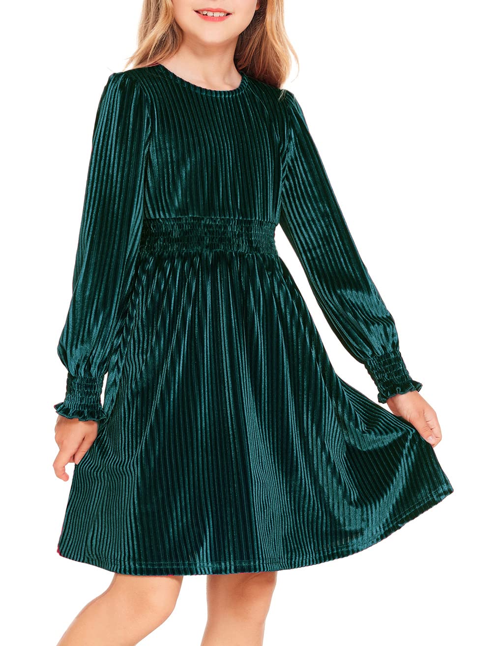 Arshiner Girls Long Sleeve Dress Velvet Crew Neck Midi Fall Vintage Plain Dress for Kids 4-13Y