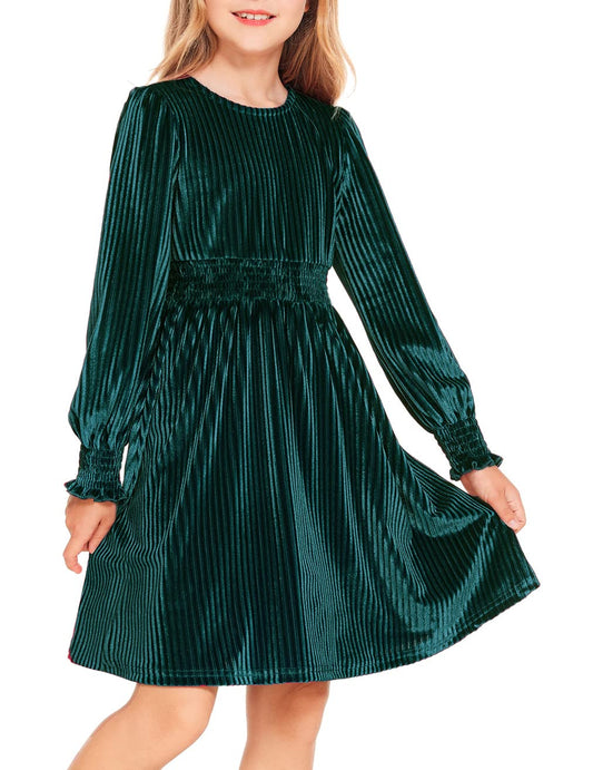 Arshiner Girls Long Sleeve Dress Velvet Crew Neck Midi Fall Vintage Plain Dress for Kids 4-13Y