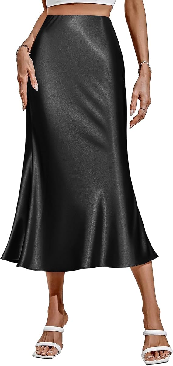 Zeagoo Womens Satin Skirst Lightweight Thin Midi Skirt Flowy Silk Casual Skirts Mermaid Hem High Waisted Skirts