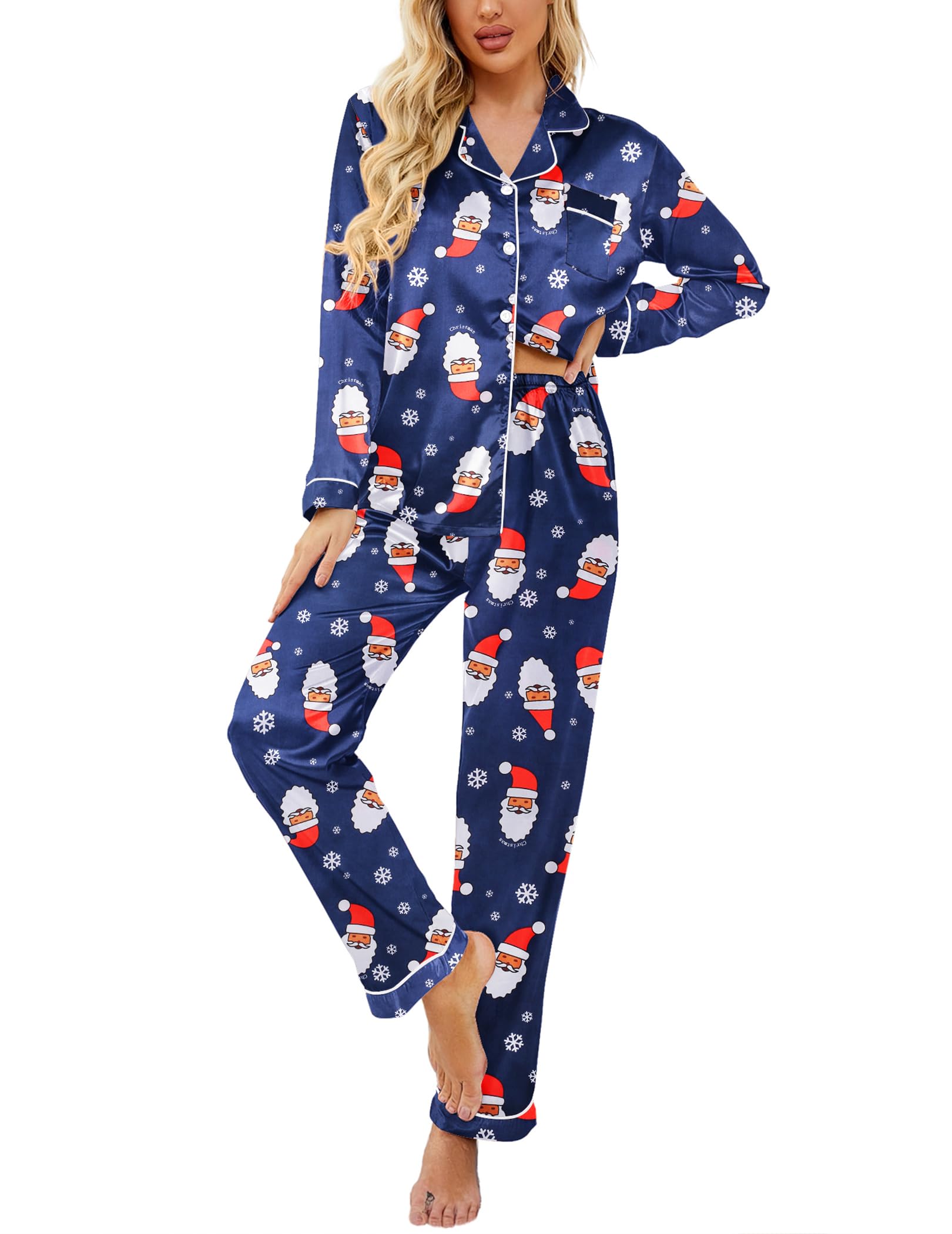 Ekouaer Women's Classic Button Down Long Satin Silk Pajama Set