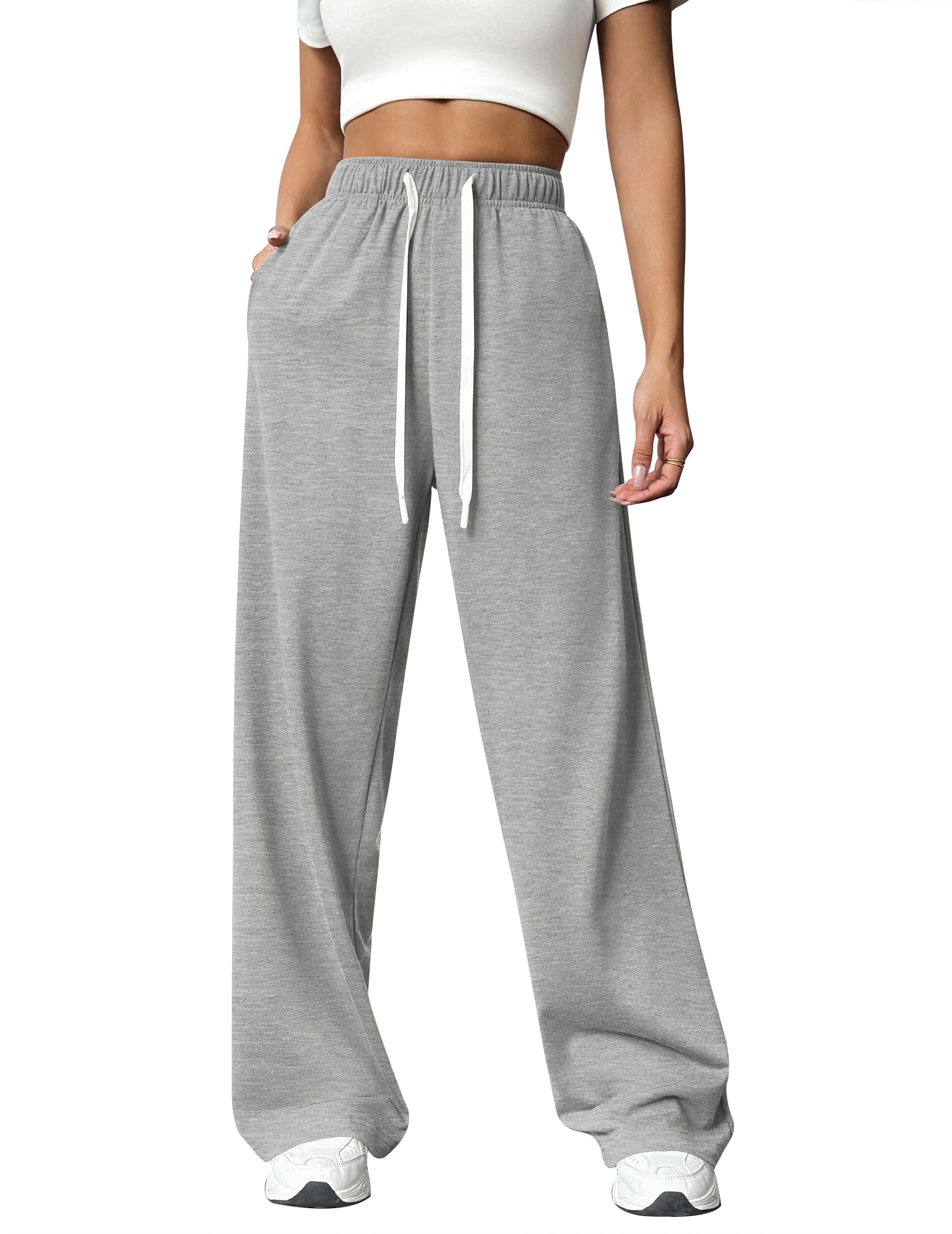 PINSPARK Wide Leg Sweat Pants for Womens High Waisted Baggy Sweatpants Casual Drawstring Workout Pants with Pockets