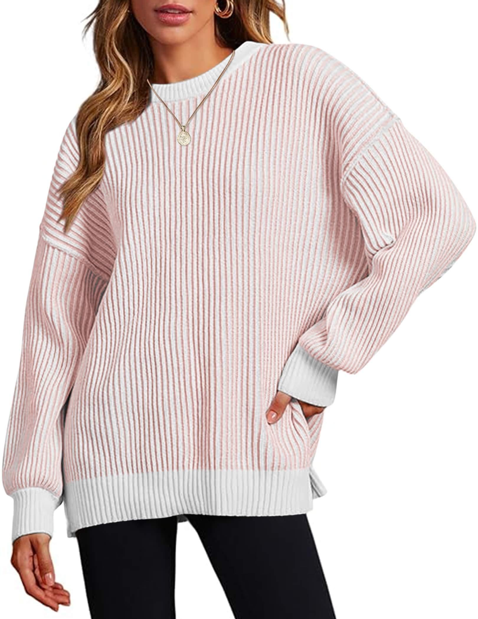 Zeagoo Women 2025 Fall Lightweight Oversized Sweater Crew Neck Long Sleeve Color Block Pullover Rib Knit Blouse Tops XS-2XL