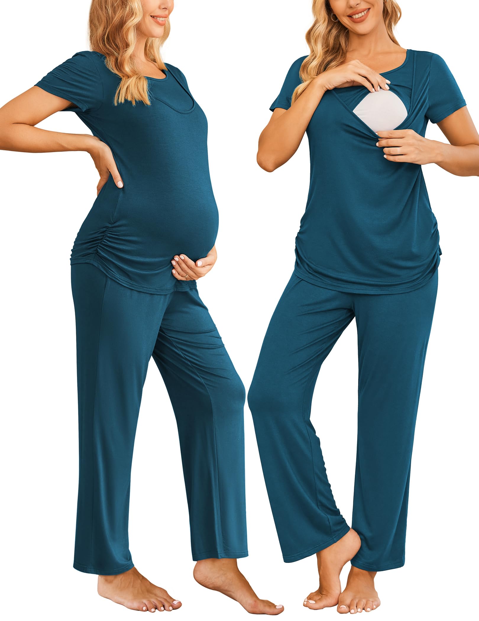 Ekouaer Women Maternity Nursing Pajama Set Breastfeeding Sleepwear Set Short Sleeve Top & Pants Postpartum Pajamas