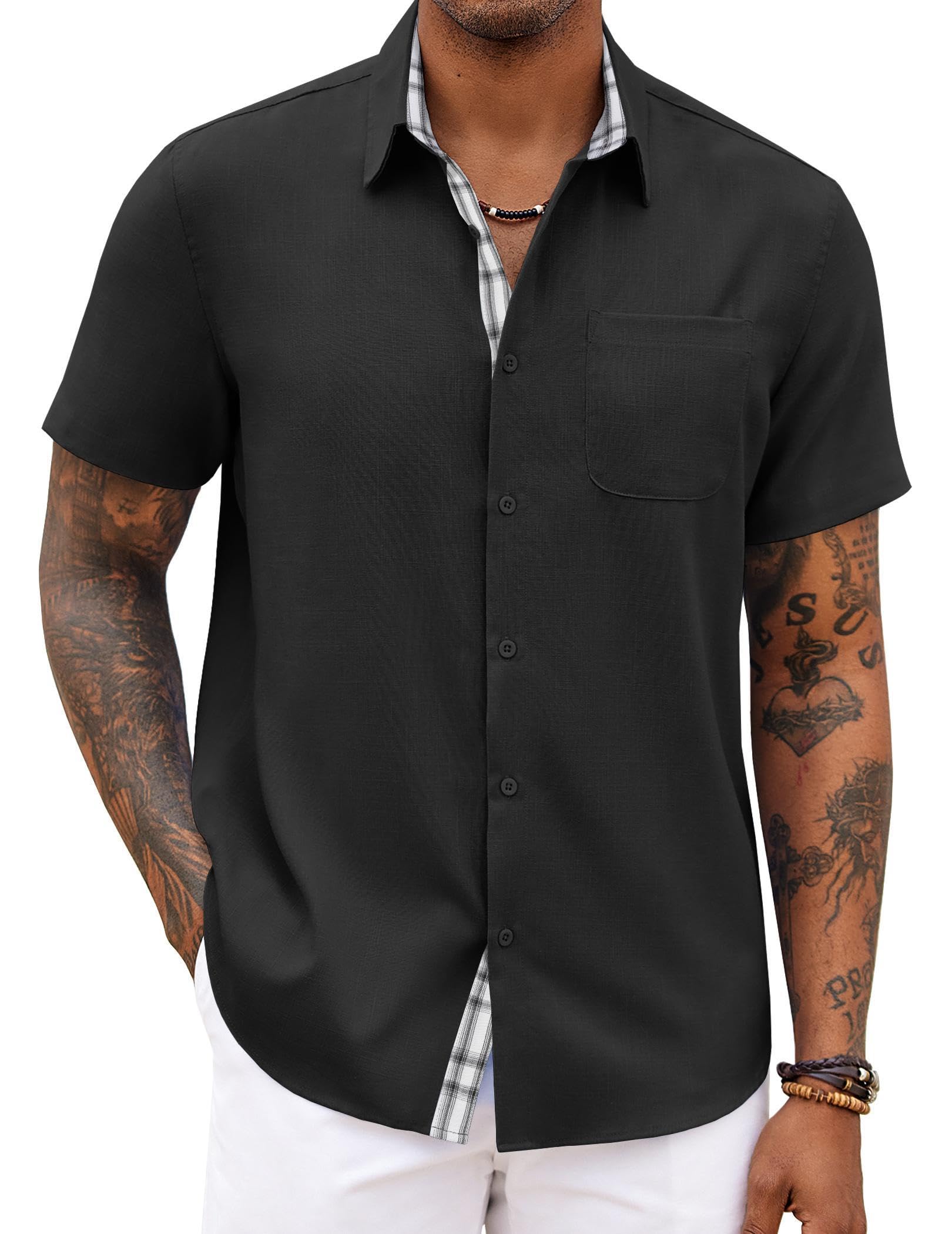 COOFANDY Mens Short Sleeve Button Down Shirt Summer Beach Linen Shirts Business Casual Shirt Dark Grey