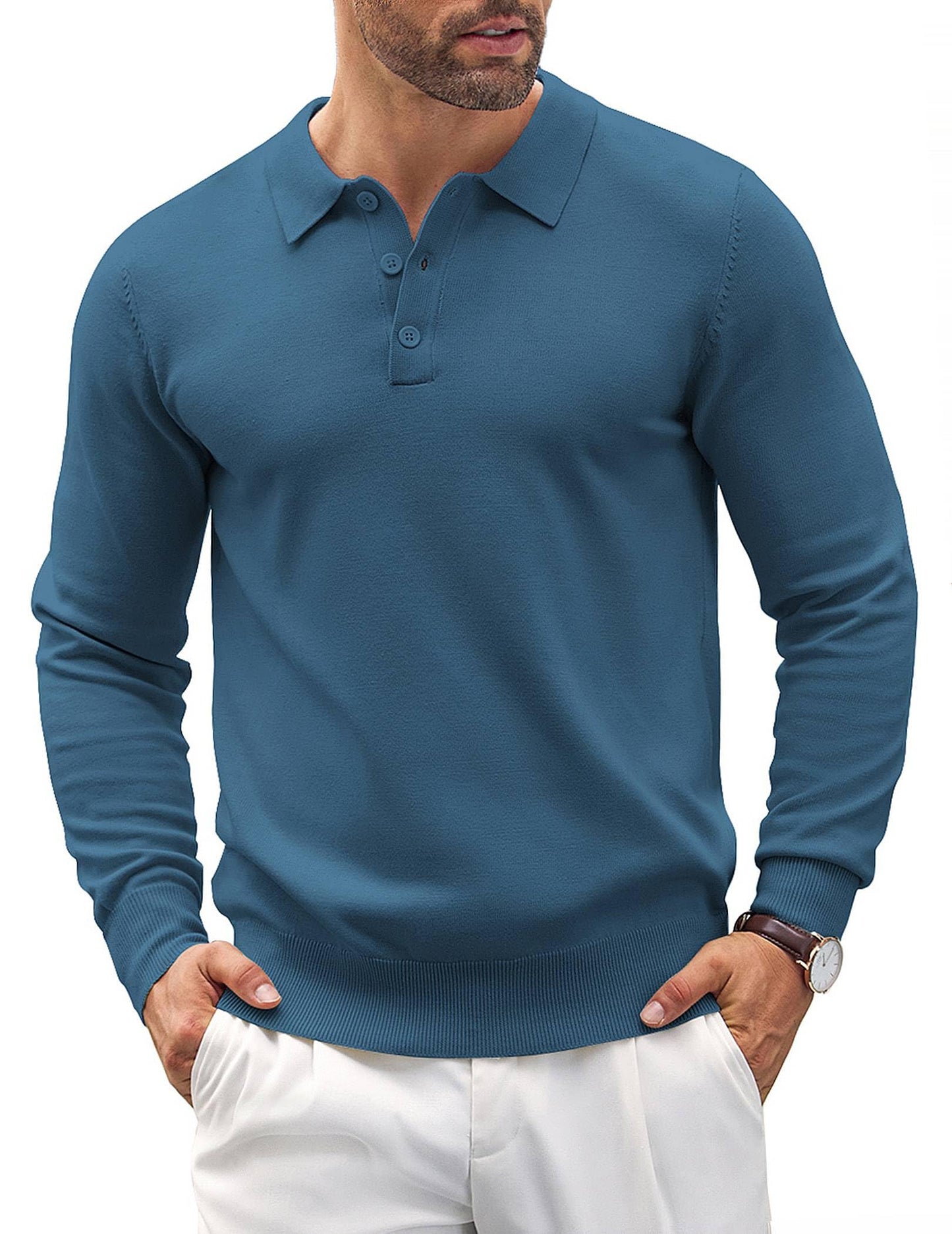 COOFANDY Men's Knit Polo Shirt Long Sleeve Vintage Golf Shirt Lightweight Sweater Black