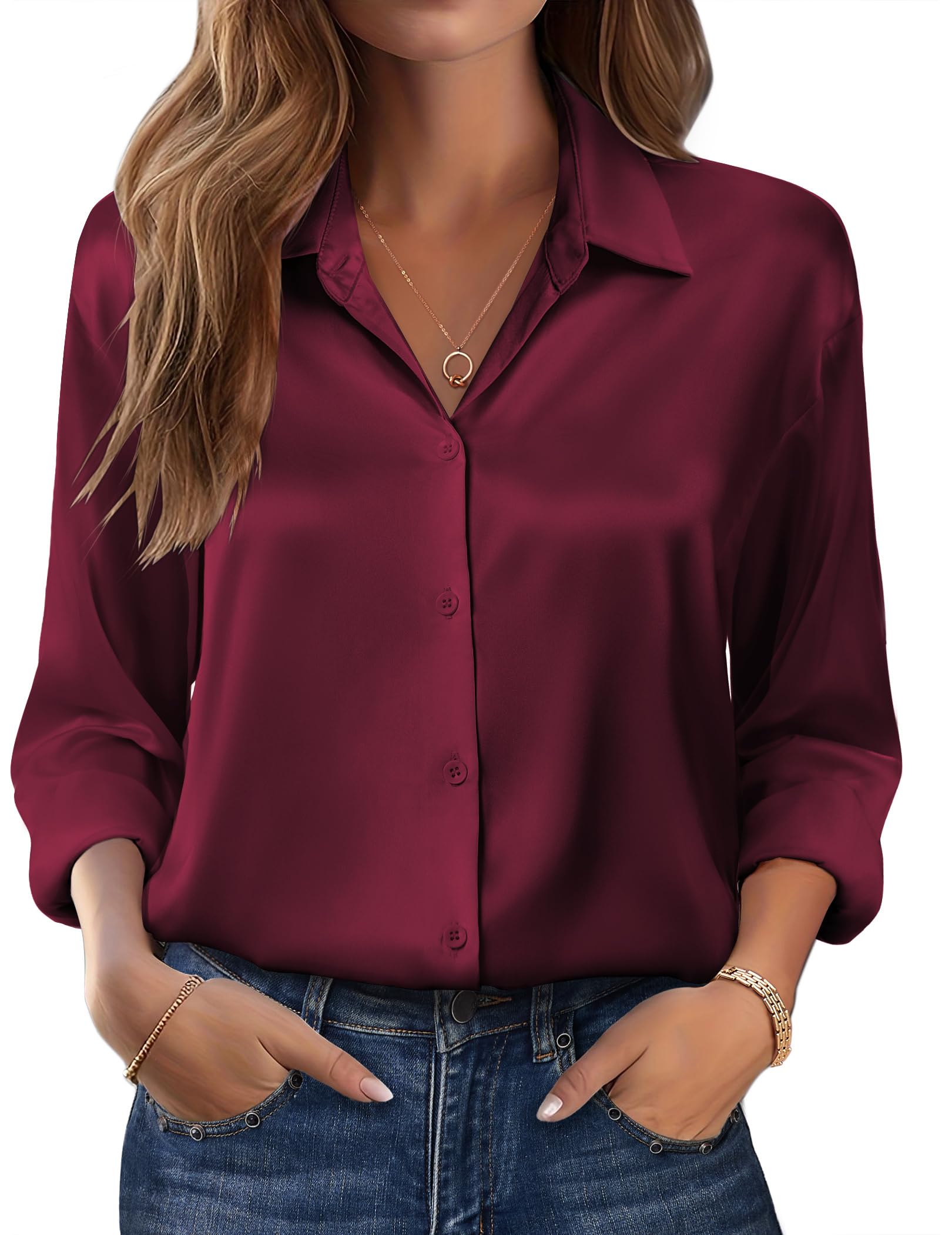 Zeagoo Womens Tops Long Sleeve Satin Silk Button Down Shirts Casual Business Dressy Blouses Fall Clothes