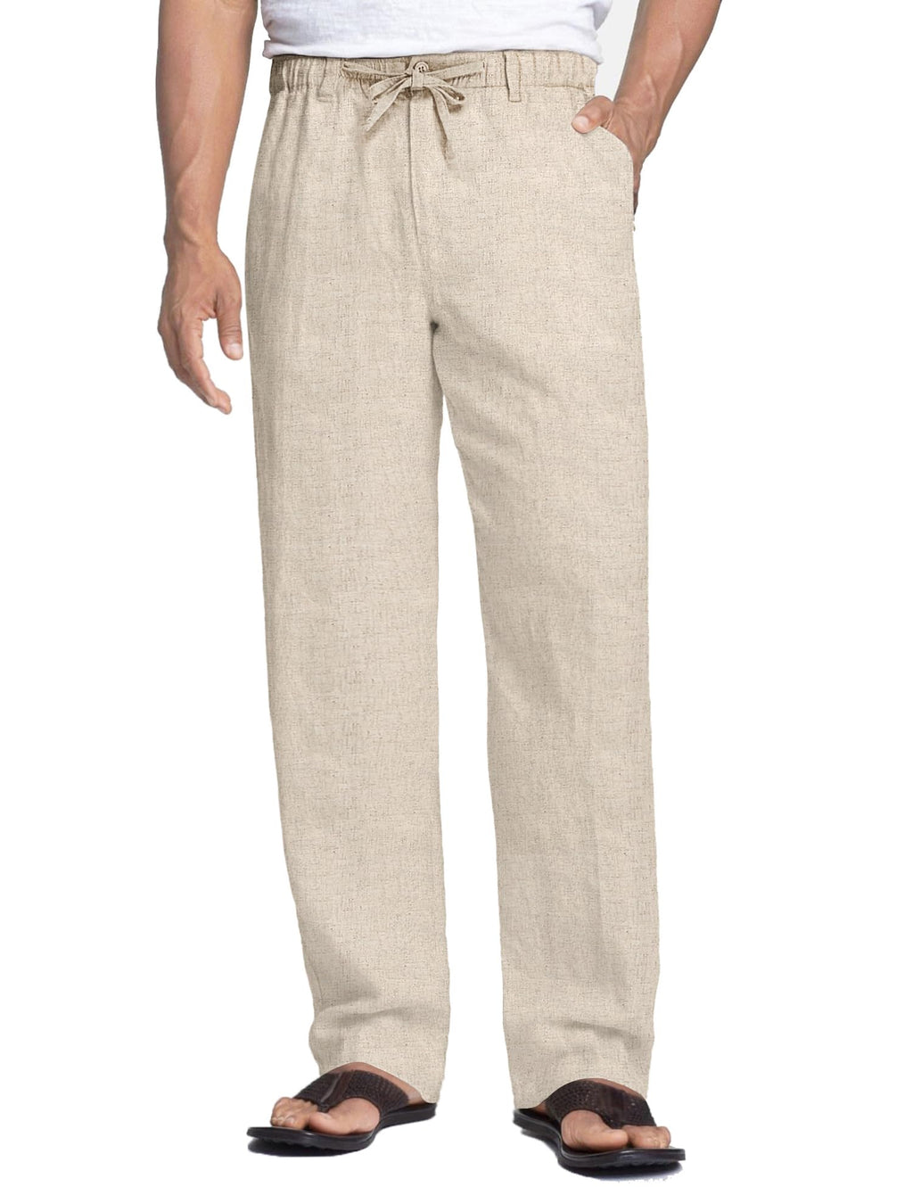 COOFANDY Men's Linen Trousers Casual Summer Drawstring Trousers Linen Pants Beach Leisure Trousers with Elasticated Waist Comfort Fit Khaki XL