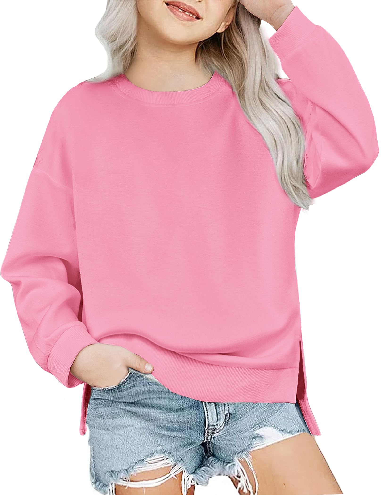 Arshiner Girls Crewneck Sweatshirt Long Sleeve Pullover Tops Drop Shoulder Sweatshirts Side Split for 5-14 Years