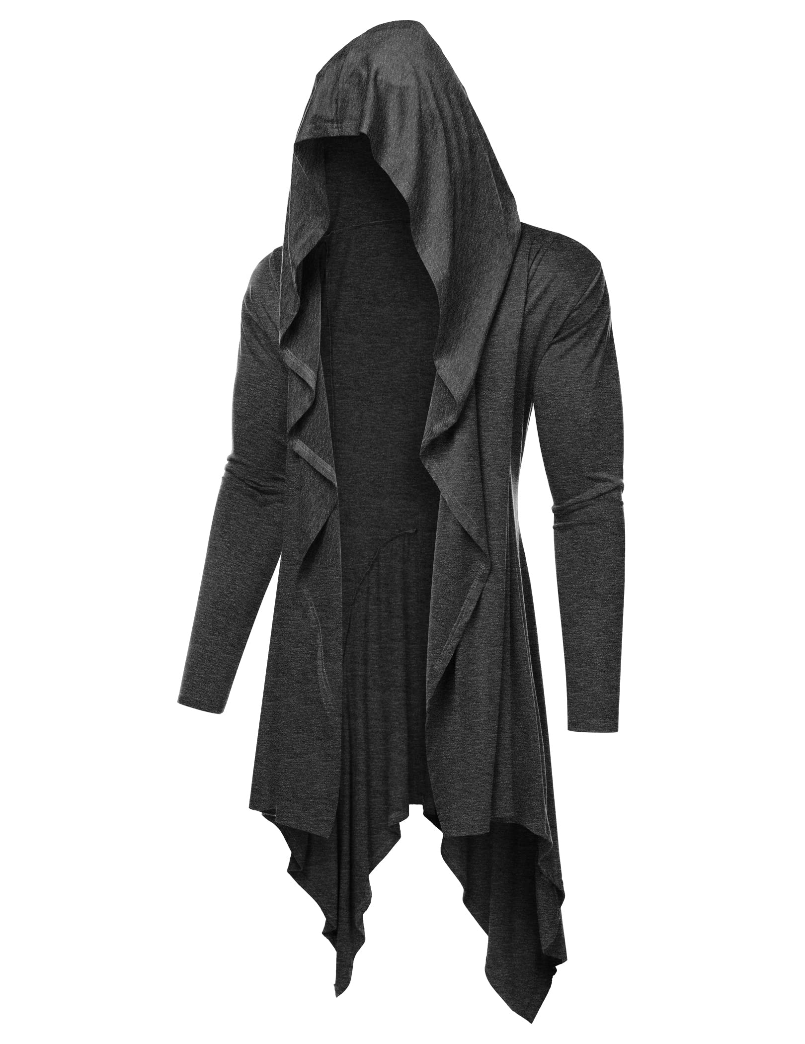 COOFANDY Long Hooded Cardigan Ruffle Shawl Collar Open Front Lightweight Drape Cape Overcoat with Pockets (Black Pattern, M)
