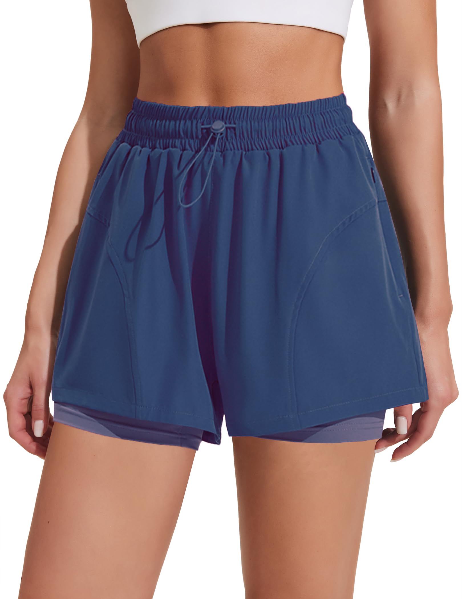 PINSPARK Athletic Shorts for Women High Waisted Workout Short 2 in 1 Running Shorts Gym Shorts with Zipper Pockets
