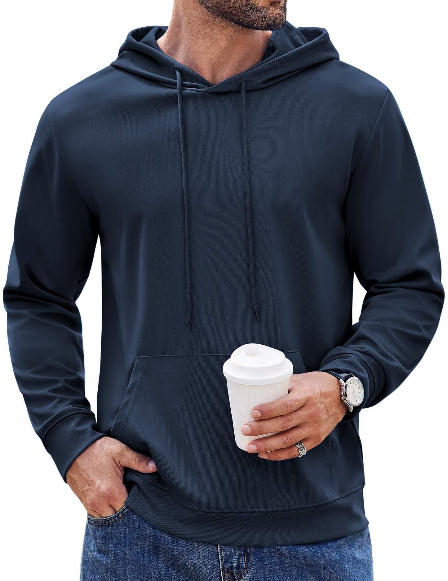 COOFANDY Men's Basic Sweatshirt Long Sleeves Hooded Drawstring Knit Hooded Sweatshirts Sport Gym Hooded Black