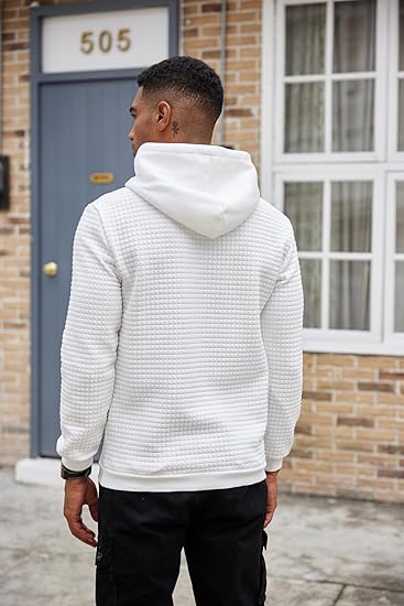 COOFANDY Men's Casual Hoodies Sweatshirt Hipster Gym Long Sleeve Drawstring Plaid Jacquard Pullover Hooded Dark Gray