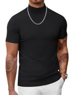 COOFANDY Men's T-Shirt Knitted Short Sleeve Half Collar Turtleneck Men's Mock Undershirt Slim Fit Solid Tops Black XXL
