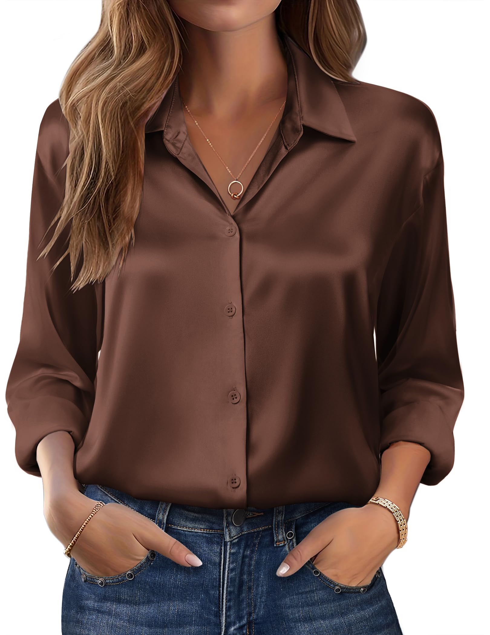 Zeagoo Womens Tops Long Sleeve Satin Silk Button Down Shirts Casual Business Dressy Blouses Fall Clothes