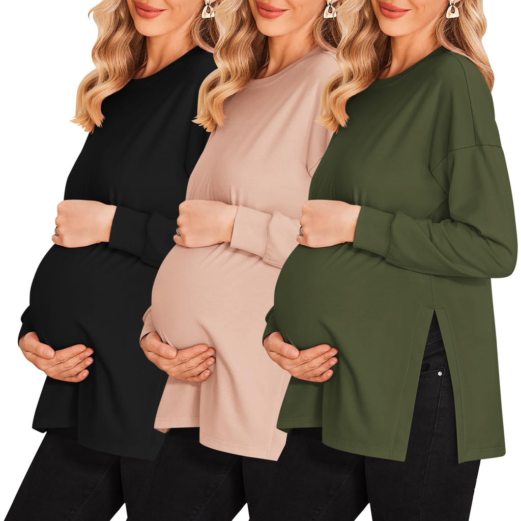 Ekouaer Womens 3 Packs Maternity Shirts Long Sleeve Side Ruched Pregnancy Tee Workout Top Tunic Blouse Mama Clothes