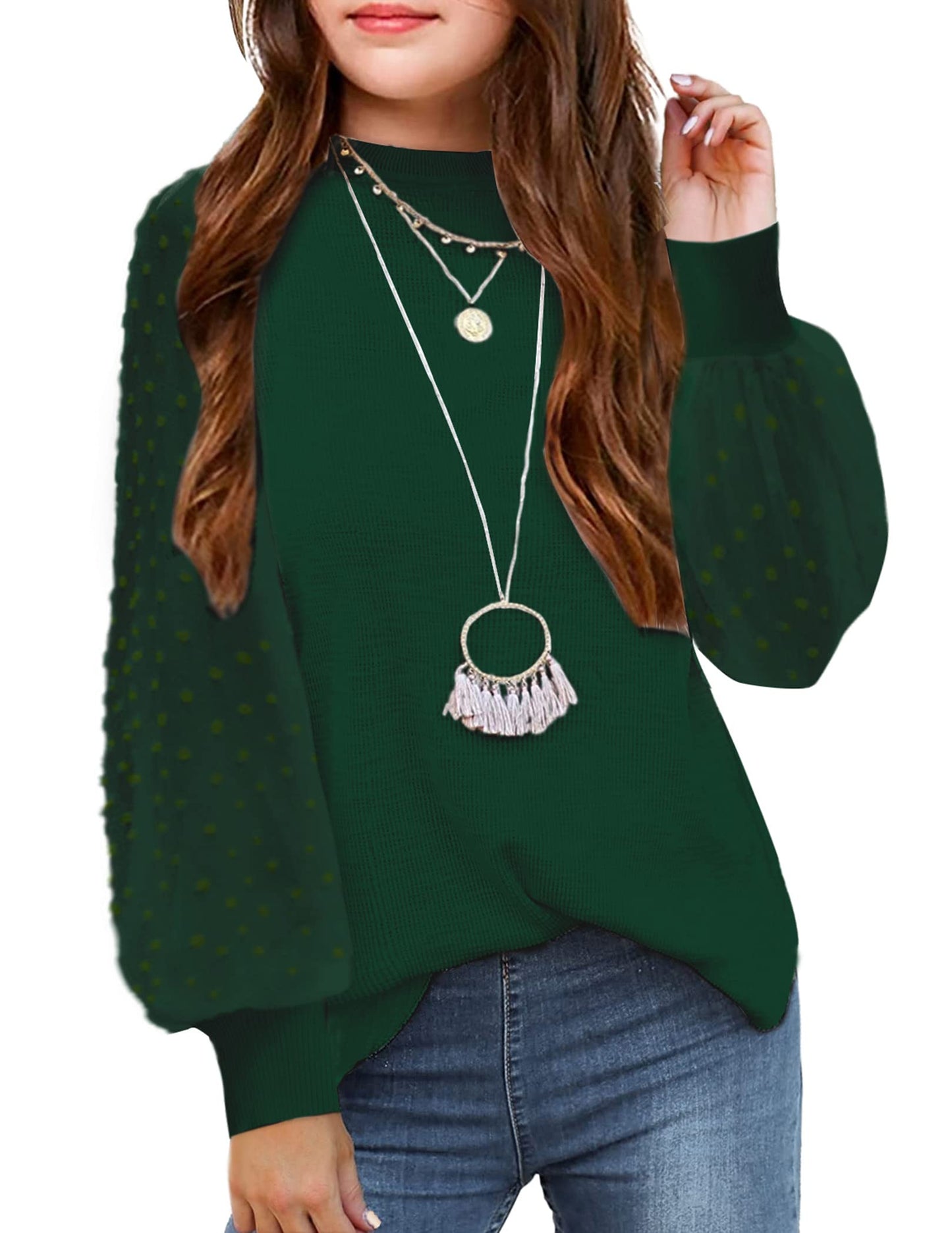 Arshiner Girls Puff Long Sleeve Sweaters Crewneck Lace Polka Dot Casual Knit Tops Pullover Jumper Outwear for Kids