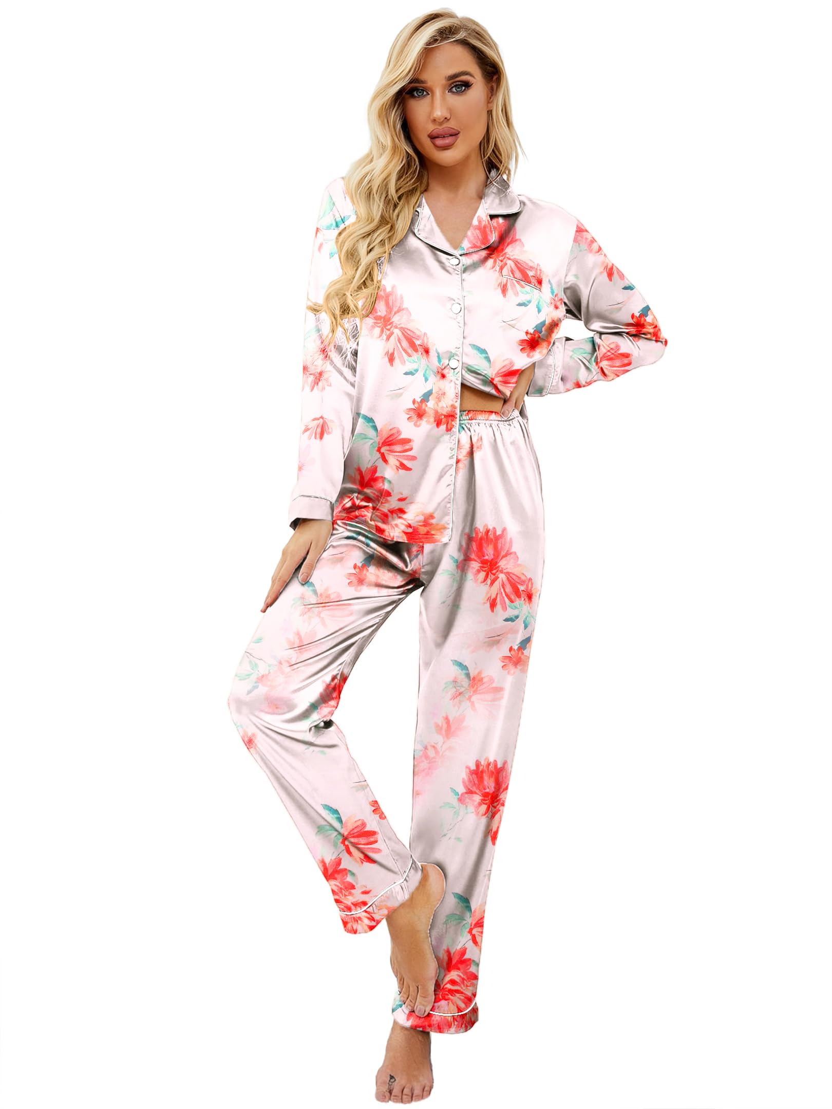 Ekouaer Women's Classic Button Down Long Satin Silk Pajama Set
