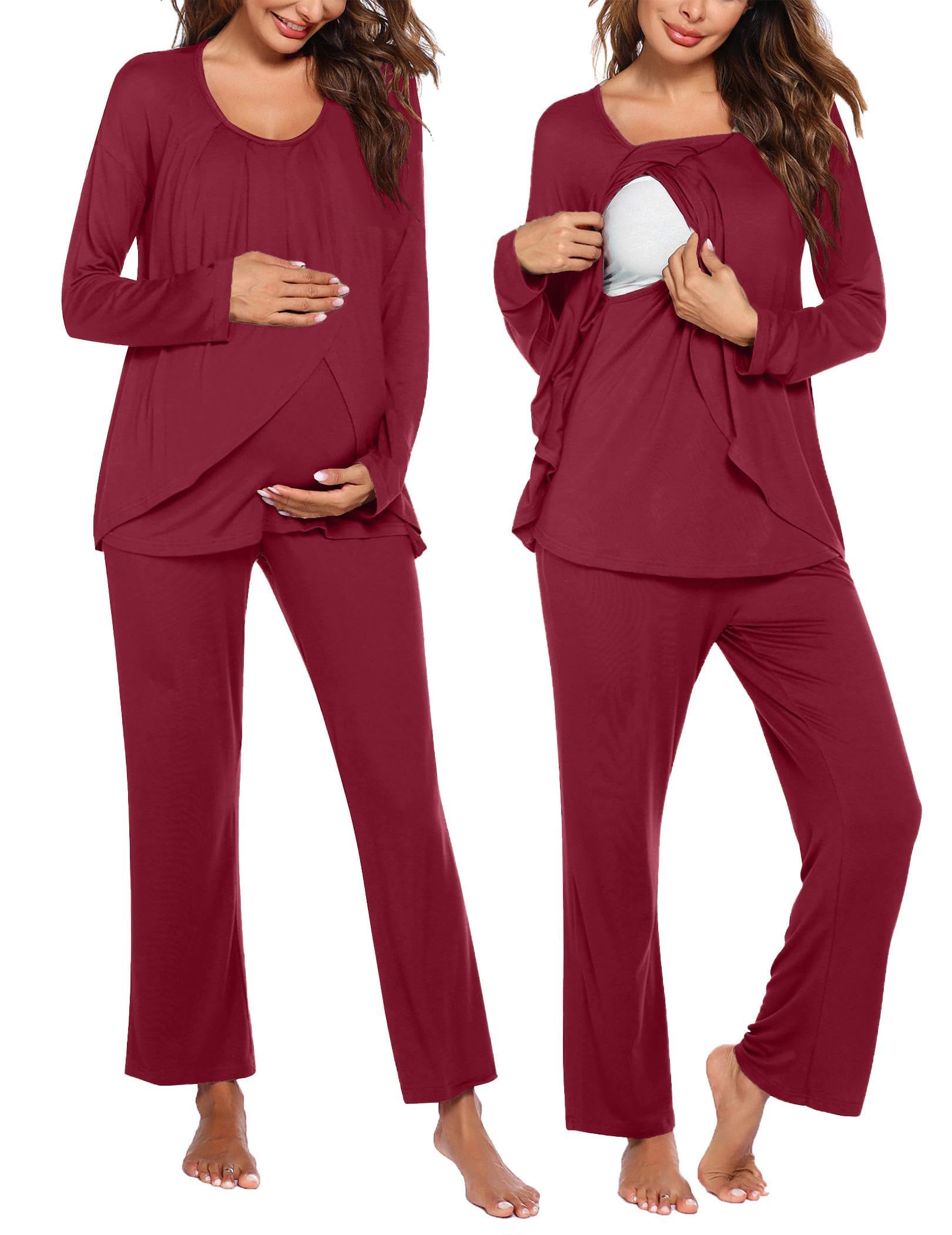 Ekouaer Maternity Nursing Pajama Set Long Sleeve Top & Pants with Pockets Breastfeeding Sleepwear Double Layer Pregnancy