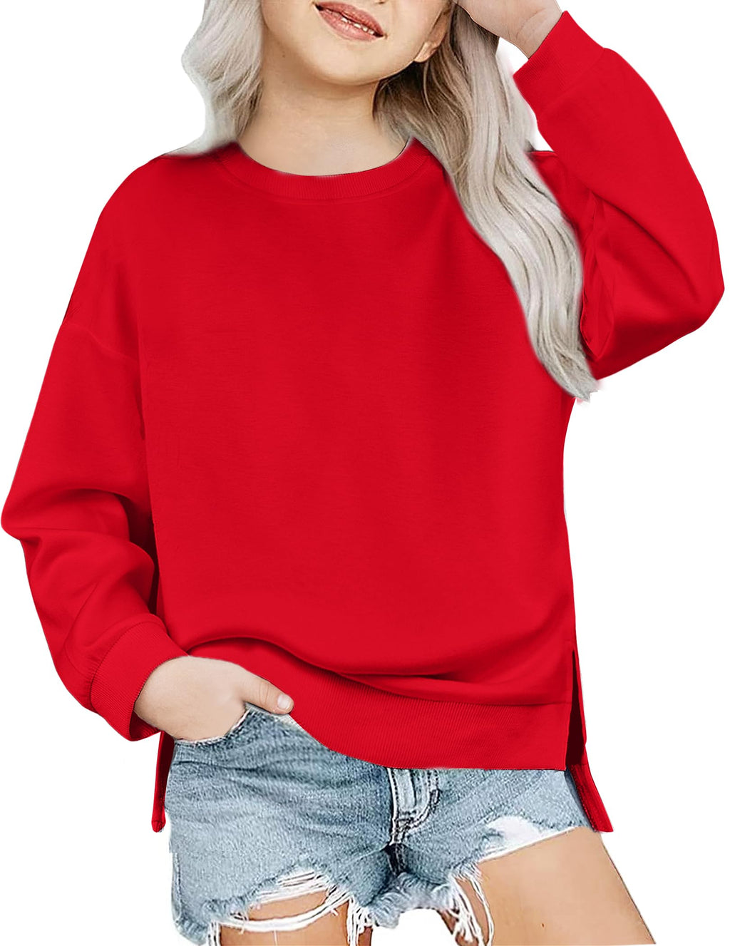 Arshiner Girls Crewneck Sweatshirt Long Sleeve Pullover Tops Drop Shoulder Sweatshirts Side Split for 5-14 Years
