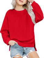 Arshiner Girls Crewneck Sweatshirt Long Sleeve Pullover Tops Drop Shoulder Sweatshirts Side Split for 5-14 Years